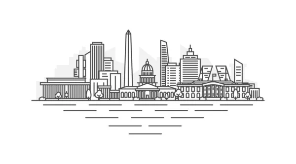 ワシントンD.C. 、アメリカ合衆国建築ラインスカイライン図。有名なランドマーク、都市の観光スポット、デザインアイコンと線形ベクトルの街並み。編集可能なストロークで風景. — ストックベクタ