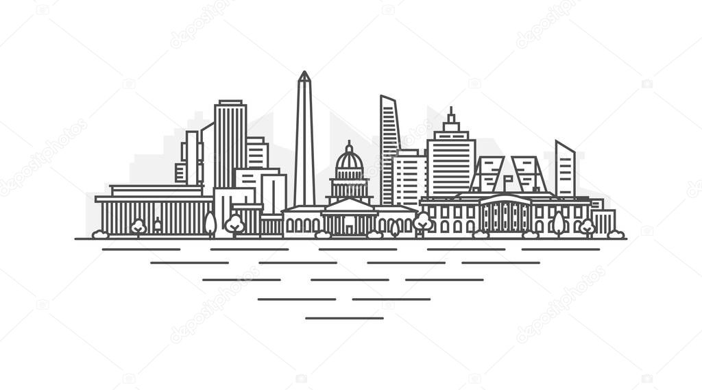 Washington, D.C., United States of America USA architecture line skyline illustration. Linear vector cityscape with famous landmarks, city sights, design icons. Landscape with editable strokes.