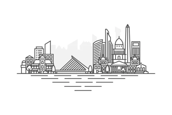 아르헨티나의 부에 노스 아이레스 건축 라인 스카이 라인 삽화. 유명 한 랜드마크가 있는 선형 벡터 시티 스케이프, 도시 풍경, 디자인 아이콘. 하얀 배경에 뚜렷 한 움직임 이 있는 풍경 — 스톡 벡터