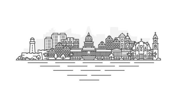 Havana, Cuba architecture line skyline illustration. Linear vector cityscape with famous landmarks, city sights, design icons. Landscape with editable strokes isolated on white background. — Stock Vector