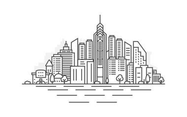Philadelphia, Pennsylvania mimari siluet çizimi. Meşhur şehir işaretleri, şehir manzarası, tasarım simgeleri olan doğrusal vektör şehri. Düzenlenebilir vuruşlarla peyzaj.