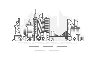 New York City, ABD mimari serisi siluet çizimi. Meşhur şehir işaretleri, şehir manzarası, tasarım simgeleri olan doğrusal vektör şehri. Düzenlenebilir vuruşlarla peyzaj.