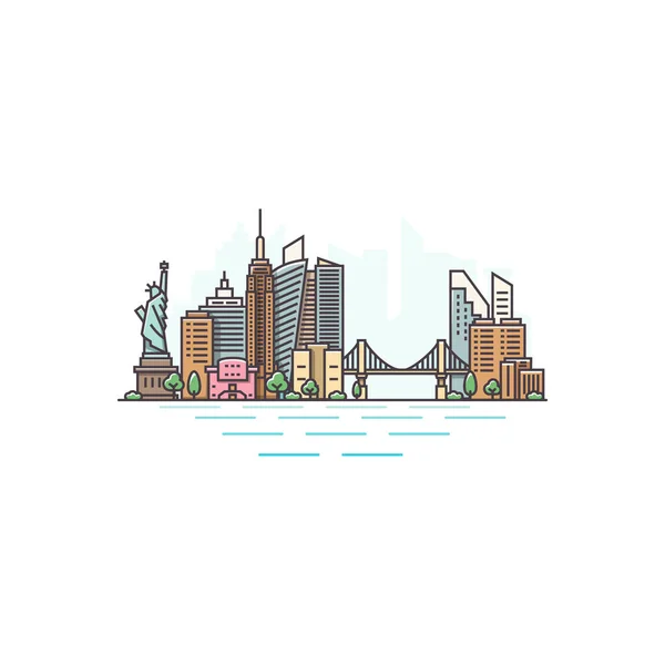 ニューヨーク、米国のアーキテクチャカラーラインスカイラインイラスト。有名なランドマーク、都市の観光スポット、デザインアイコンと線形ベクトルの街並み。白地の風景. — ストックベクタ