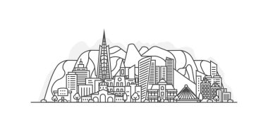 Andorra la Vella City, Andorra mimari çizgisi ufuk çizgisi çizimi. Beyaz arka planda izole edilmiş düzenlenebilir vuruşları olan şehir işaretleri, şehir görüşleri, tasarım simgeleri ile doğrusal vektör şehri.
