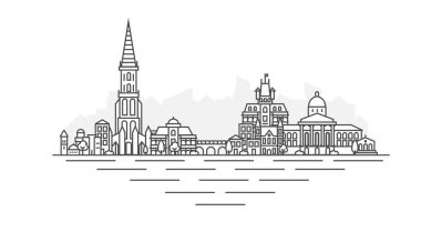 Bern City, İsviçre mimarisi silueti çizimi. Beyaz arka planda izole edilmiş düzenlenebilir vuruşları olan şehir işaretleri, şehir görüşleri, tasarım simgeleri ile doğrusal vektör şehri.