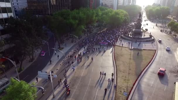 Mexikóváros, Mex, cirka 2017. január: (Légi felvétel) tüntetők március, és kiabálni szlogenek ellen tervezett 20 százalékkal emelkedik a tömegközlekedéstől üzemanyagárak. — Stock videók