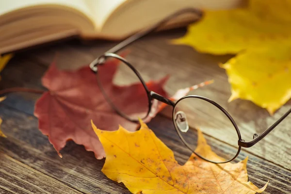 Gafas para ojos con libro y hojas de otoño en la mesa — Foto de Stock