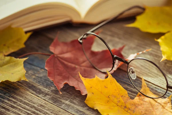 Gafas para ojos con libro y hojas de otoño en la mesa — Foto de Stock