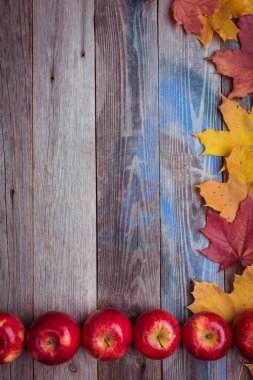 Çerçeve. Düşen akçaağaç yaprakları koyu ahşap bir masa üzerinde