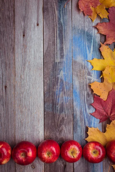 Çerçeve. Düşen akçaağaç yaprakları koyu ahşap bir masa üzerinde