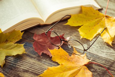 Gözlükleri ile kitap ve sonbahar yaprakları masaya