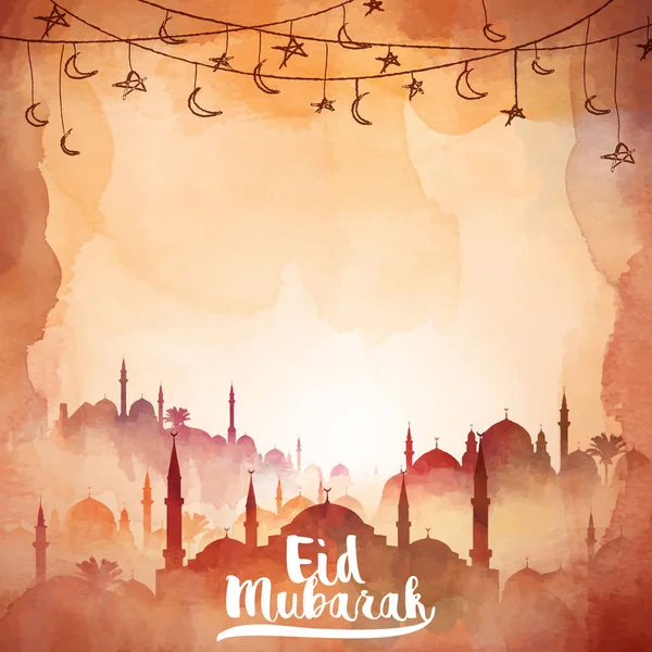 Eid Mubarak Aquarell Moschee Silhouette Illustration — Stockvektor