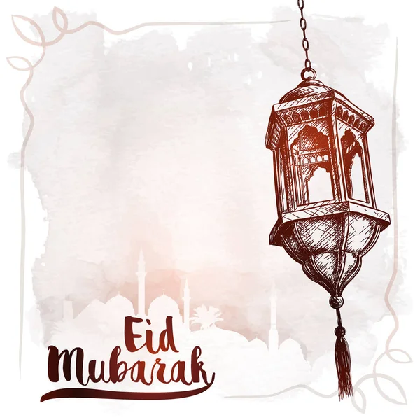 Bosquejo Linterna Árabe Silueta Mezquita Para Saludo Eid Mubarak — Vector de stock