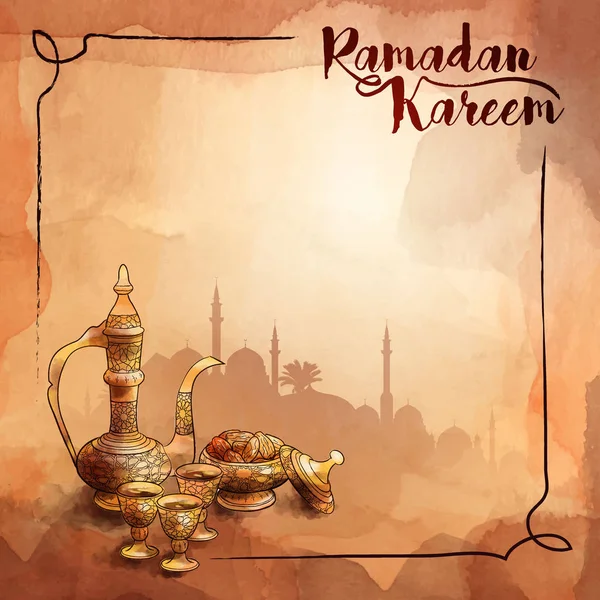 Hand Dras Akvarell Arabiska Tekanna Och Datum Frukt För Ramadan — Stock vektor