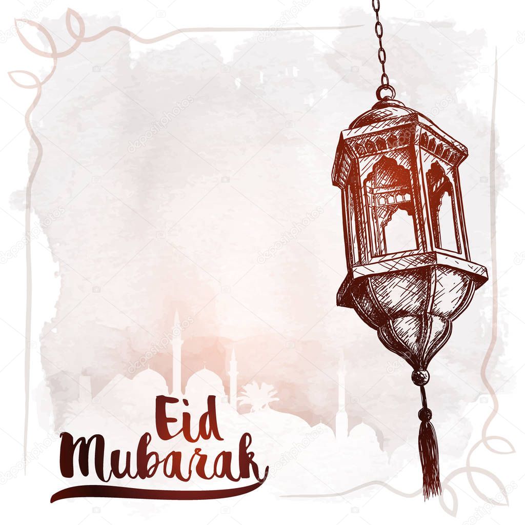 Arabic lantern sketch and mosque silhouette for Eid Mubarak greeting