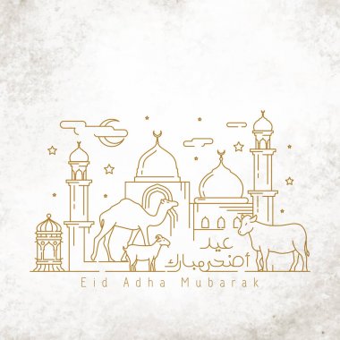 Mutlu bayram kurban bayramı mübarek tebrik kartı şablonu monoline illüstrasyon inek keçi ve deve ile Camii