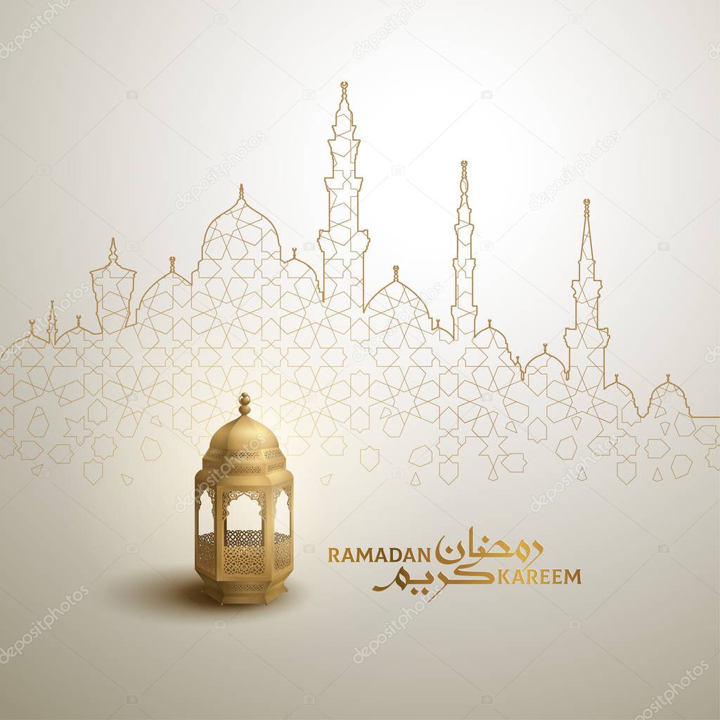 Ramadan Kareem arabic calligraphy greeting design islamic line mosque dome with classic pattern and lantern