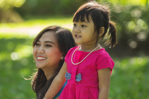 Portrait Cute Little Asian Girl Pink Dress Her Mom Park — Stock Photo, Image