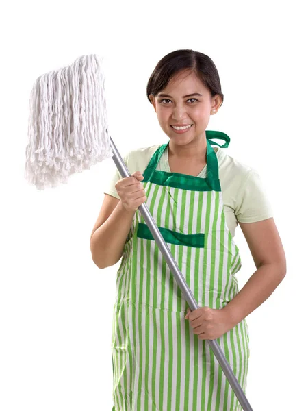 Portrait Cleaning Lady Holding Her Mop Stick Ready Work Isolated — Stock Photo, Image