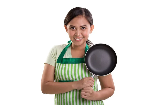 Cooking Lady Smiling Camera Posing Wih Her Frying Pan Isolated — Stock Photo, Image