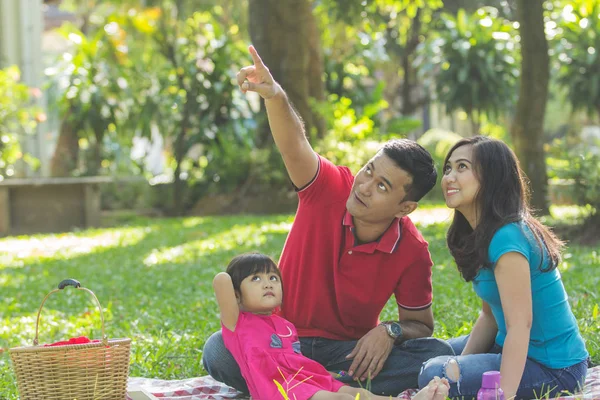 Asiatiska Familjen Park Pappas Visar Något Luften Till Sin Dotter — Stockfoto