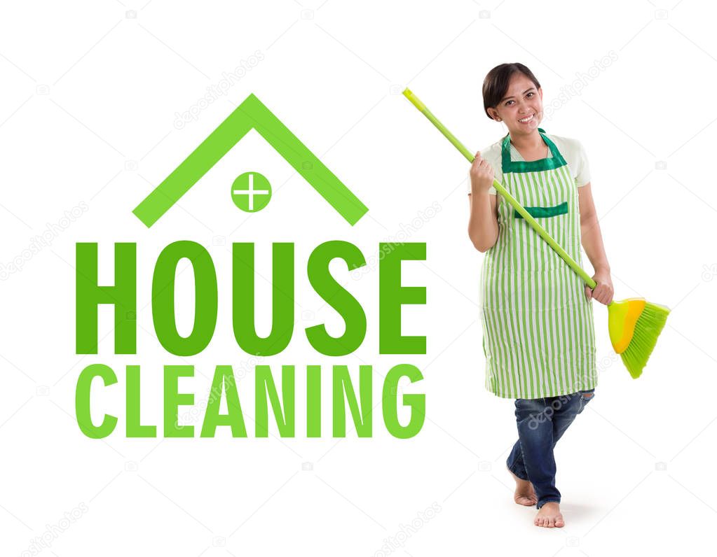 House Cleaning design illustrated with full body portrait of a maid posing with a broom stick, isolated on white