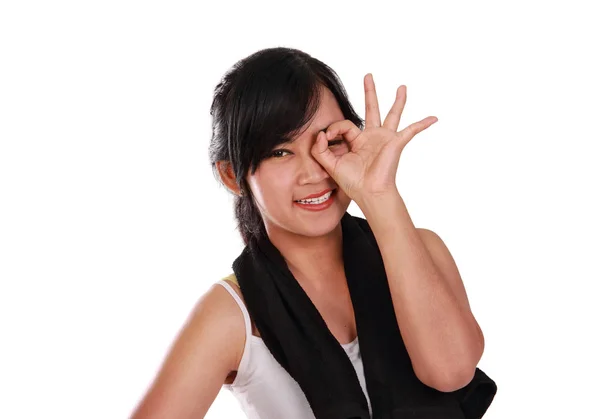 Ασιατικές Γυναίκα Στη Σπορ Μόδα Παιχνιδιάρικο Χειρονομίες Closeup Πυροβόλησε Απομονωθεί — Φωτογραφία Αρχείου