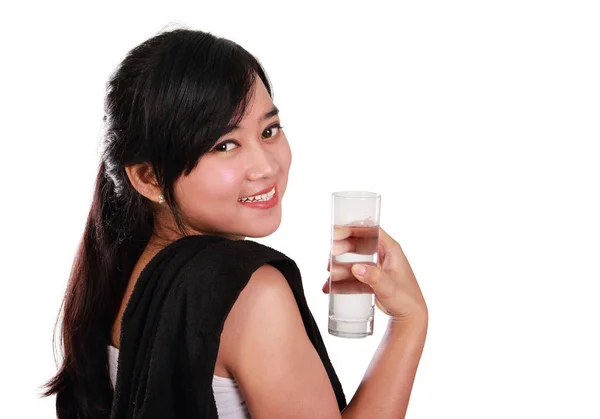Nahaufnahme Von Sportmädchen Mit Einem Glas Wasser Isoliert Über Weißem — Stockfoto
