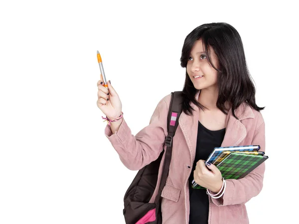 Asiática Mujer Adolescente Estudiante Presentando Algo Por Encima Con Bolígrafo — Foto de Stock