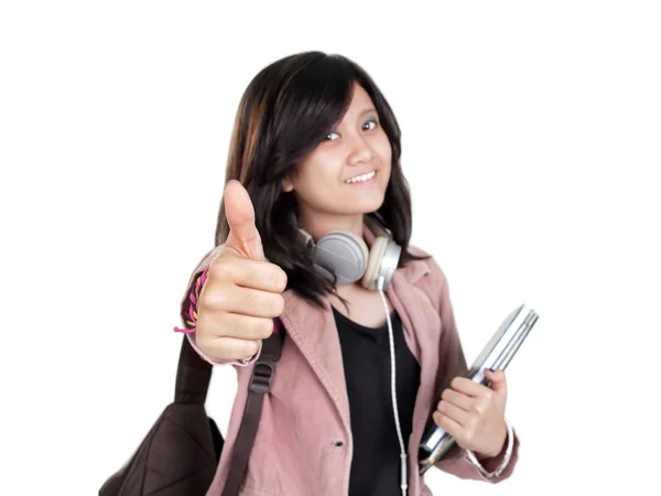 Happy Female Asian Middle Schooler Showing Her Thumb Camera Isolated — Stock Photo, Image