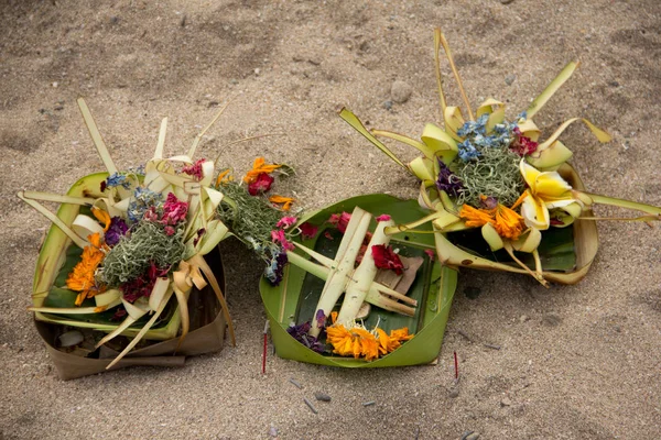 Spiritual Hindu Offerings Laid Beach Bali Indonesia Royalty Free Stock Photos