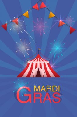 Karnaval ve eğlence Fuarı Flyer şablonu. Vektör logosu boyalı bir çadır ve havai fişek ile.