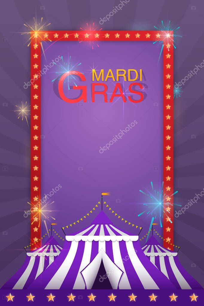 Vector template for holiday with a tent and fireworks. Carnival and fun.