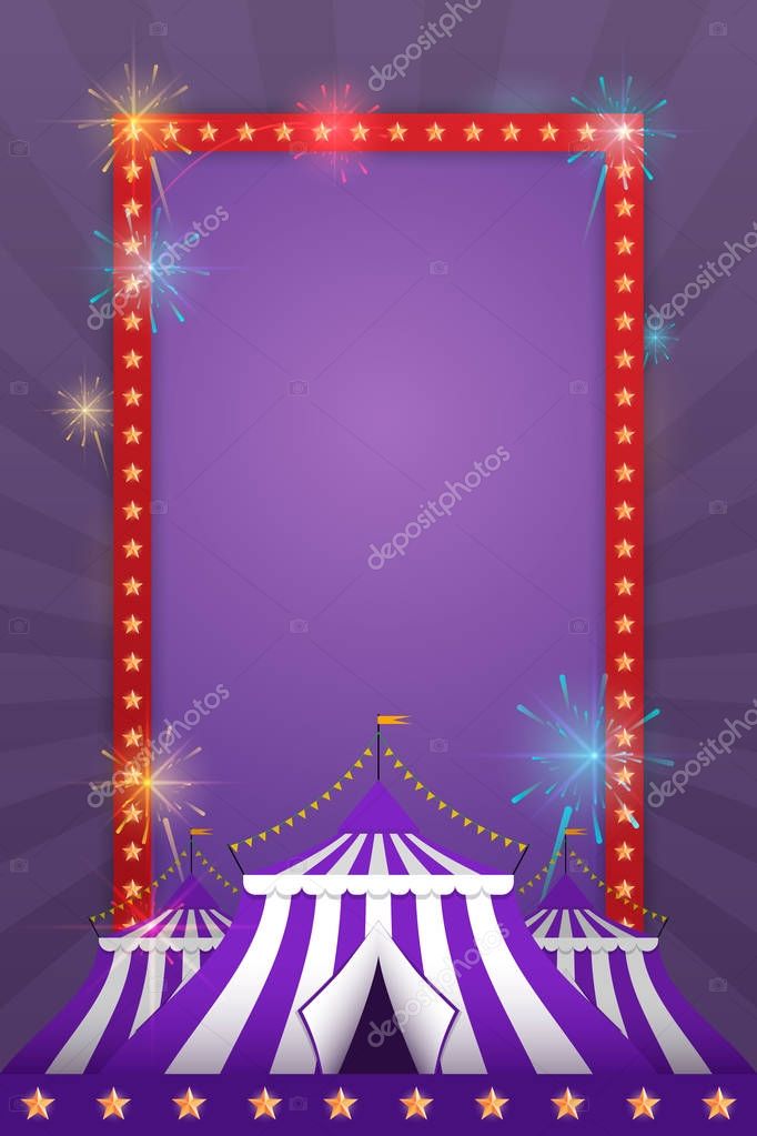 Vector template for holiday with a tent and fireworks. Carnival and fun.