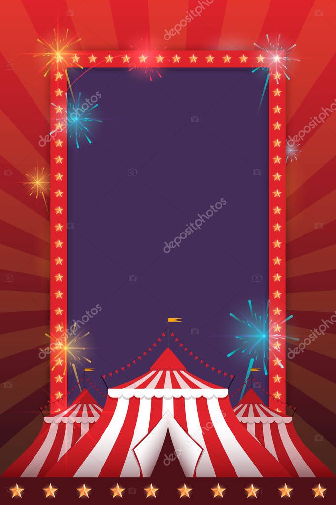 Vector template for holiday with a tent and fireworks. Carnival and fun.