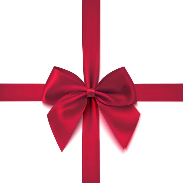 Beyaz arka planda izole kurdele ile gerçekçi kırmızı yay. Dekorasyon için tebrik kartları bir hediye kutusu. Vektör çizim.