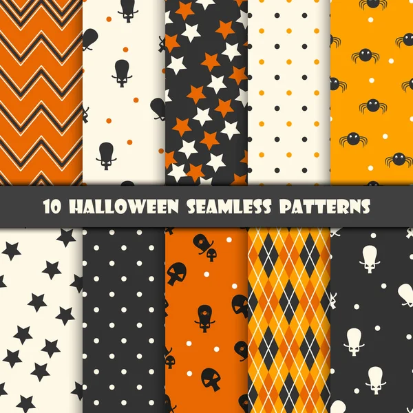 Deset Halloween různé bezešvé vzory. Nekonečné textura tapety, pozadí webové stránky, balicí papír a atd. Retro styl. — Stockový vektor