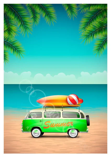 Seyahat van ve okyanus manzara arka plan üzerinde sörf tahtası ile vektör yaz plaj tasarım.