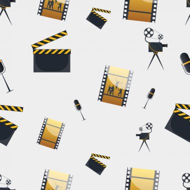 Sinema kavramı seamless modeli. Düz vektör çizgi film sinema çizim. Beyaz bir arka plan üzerinde izole nesneleri. Düz vektör karikatür çizim.