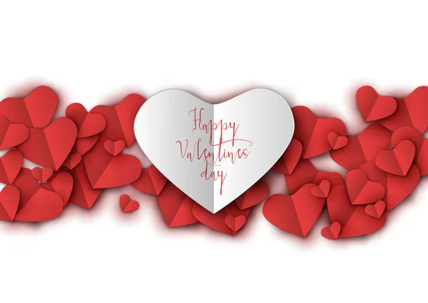 Sevgililer Günü tebrik kartı tasarımı beyaz renkli ve mutlu sevgililer günü tipografisi olan. Kırmızı kalpler beyaz arka plan vektör illüstrasyon tasarımında. - Vektör — Stok Vektör