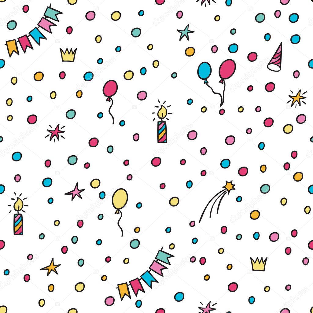 Hand drawn party doodle happy birthday party background. With air balloons, candles, stars, and bunting flags garlands. - Vector