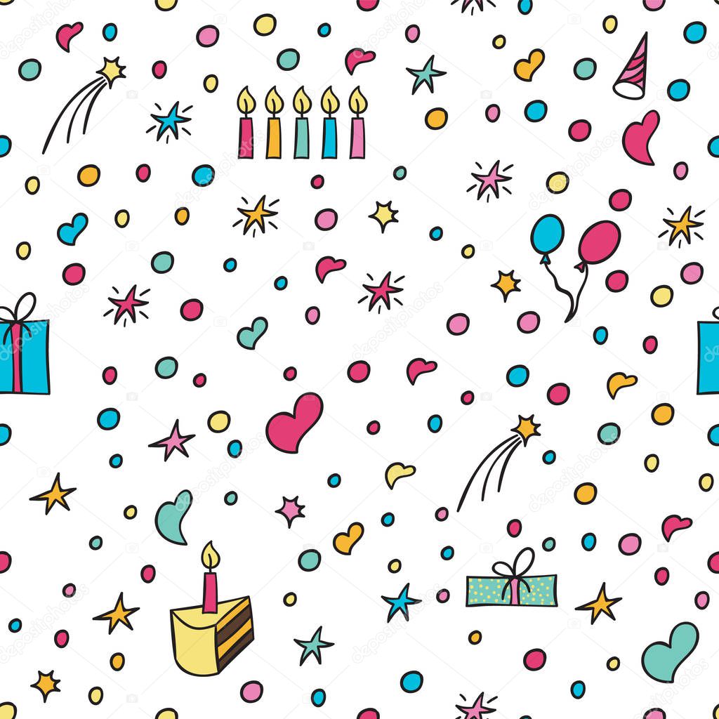 Hand drawn party doodle happy birthday party background. With air balloons, candles, stars, gifts, confetti, and bunting flags garlands. - Vector