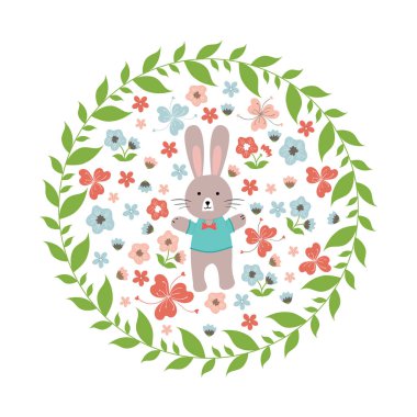 Çiçekli, çiçekli, çelenkli, tavşanlı ve tipografik desenli Mutlu Paskalyalar. - Vektör