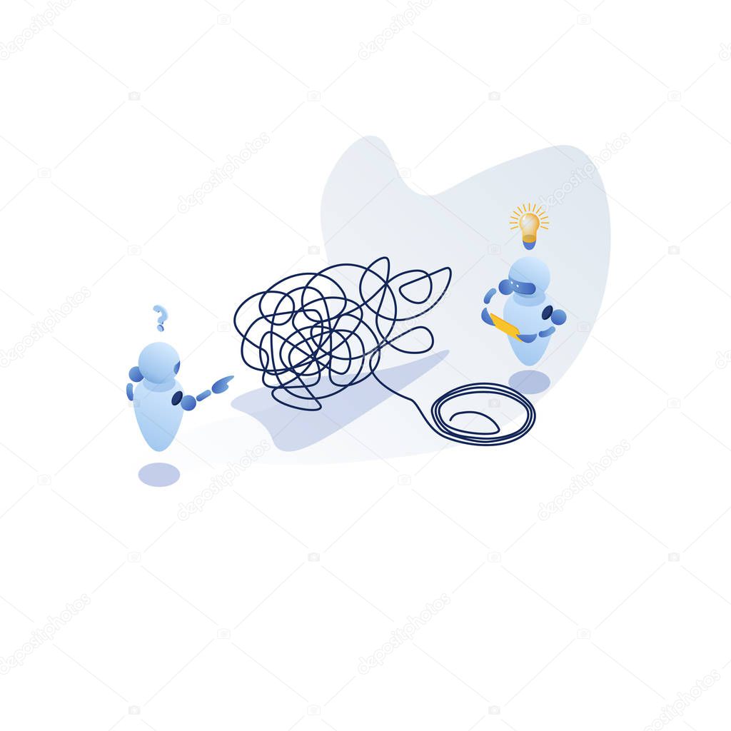 Isometric illustration, tangle tangled and unraveled. abstract metaphor, business problem solving concept
