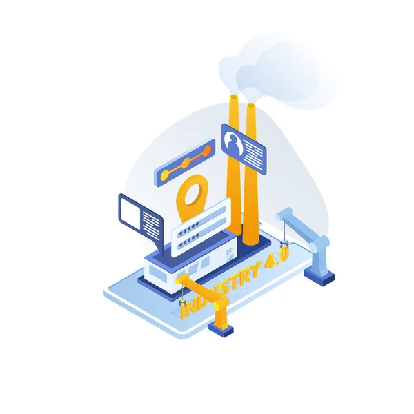 Industria inteligente 4.0 ilustración isométrica. Internet de las cosas tecnología. Fábrica inteligente eficiente con trabajadores y robots. El usuario se conecta con una tableta y comparte datos con un sistema ciberfísico . — Vector de stock