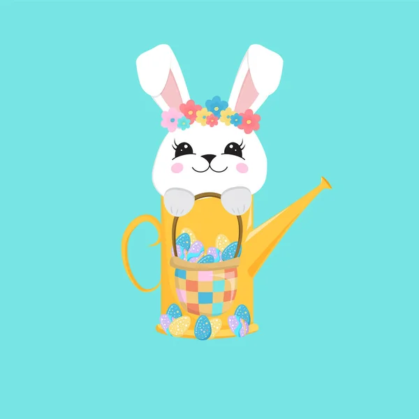 Coniglietto seduto in un annaffiatoio e tiene un cesto con uova di Pasqua. Coniglietto di Pasqua. Buon coniglietto. Buona Pasqua - Vettore — Vettoriale Stock