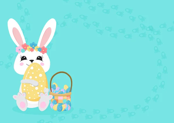 Coniglietto con un grande uovo di Pasqua e un cesto. Coniglietto di Pasqua. Buon coniglietto. Buona Pasqua - Vettore — Vettoriale Stock