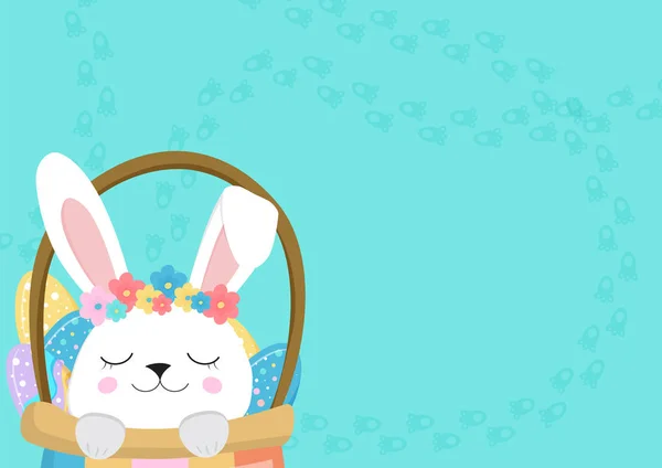 Conejito sentado en una canasta con huevos de Pascua. Conejito de Pascua. Feliz conejito. Feliz Pascua - Vector — Vector de stock