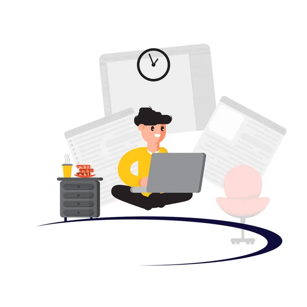 Character Works Computer Distant Work Remote Work Vector Illustration — Stock Vector