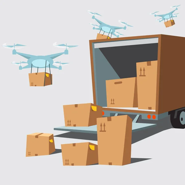 Teslimat malzemeleri servisi. Karton kutuların olduğu bir minibüs. Ekspres ulaşım ve nakliye. İnsansız hava araçları ve robotlarla mal teslimatı. - Vektör
